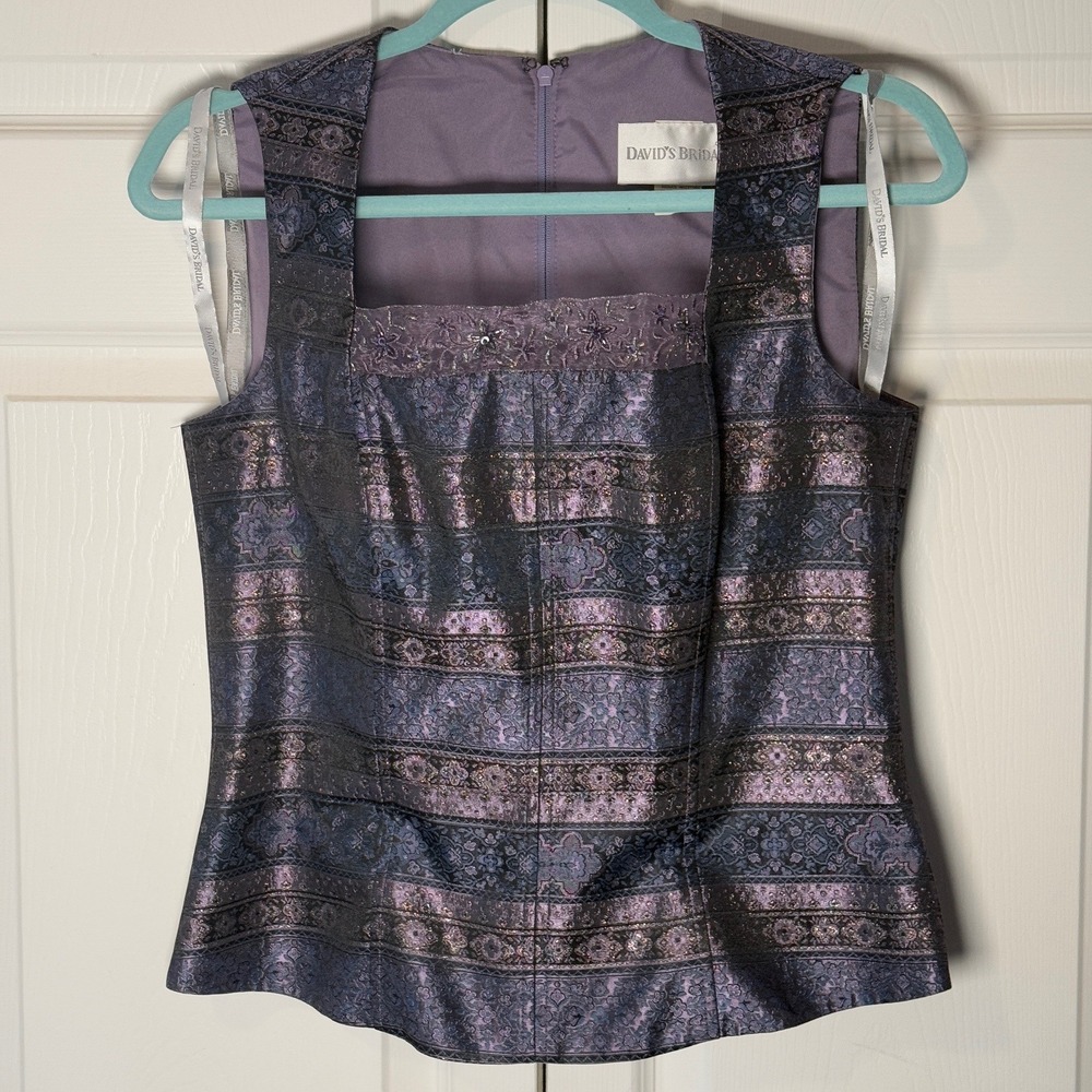 David's Bridal Top Sleeveless Metallic Purple Brocade Beaded Size 10